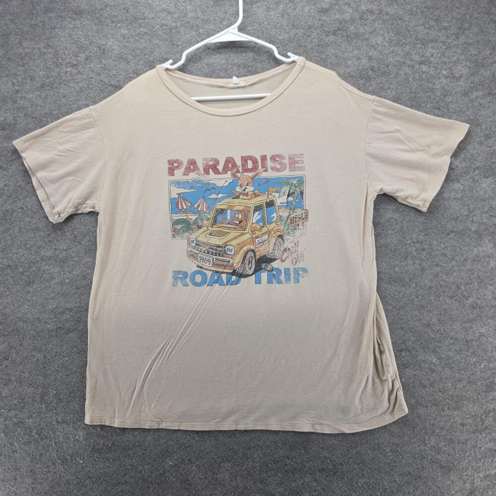 Hem & Thread Shirt Womens Large Beige Paradise Road Trip Graphic Made USA 1989